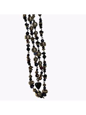 Art Deco Chunky Gemstone Beaded Necklace Gold Tone Blue Heart Pendant Jewelry